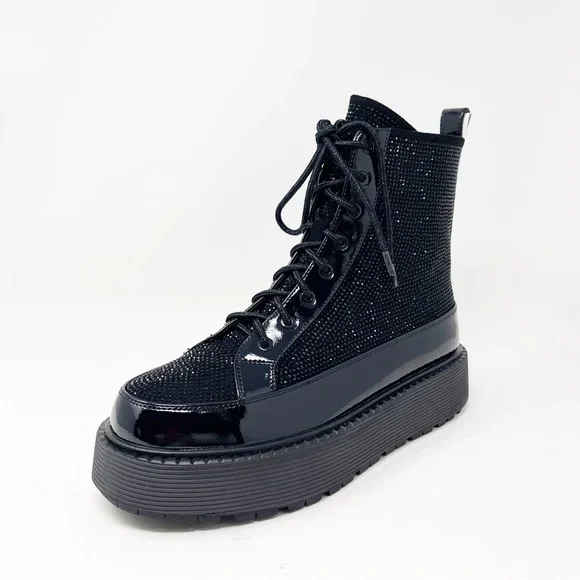 NWT Azura Livewire Patent Black Rhinestone Platform Bootie Combat Moto Size 9 - Picture 8 of 15
